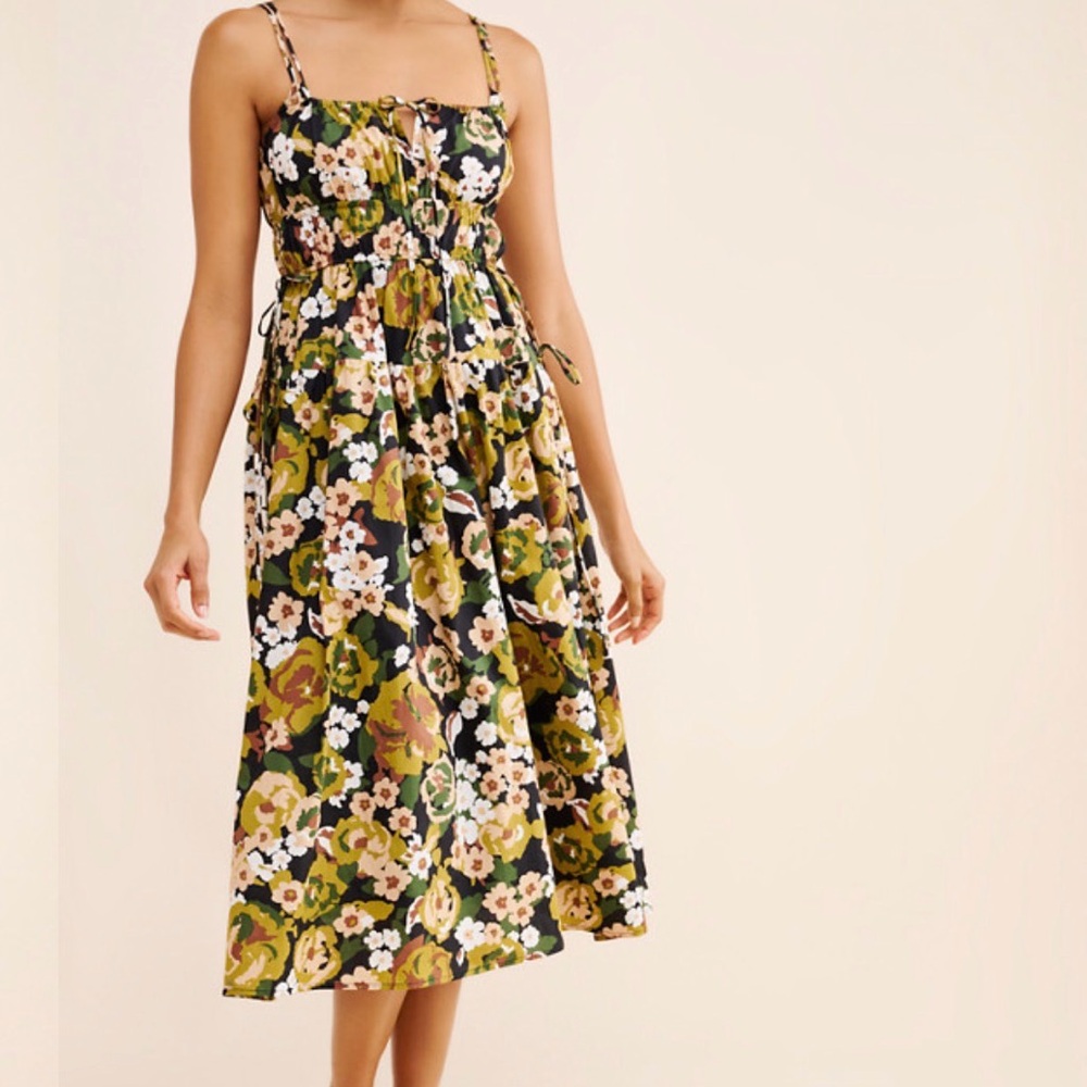 Anthropologie MOON RIVER FLORAL PRINT SHIRRED MIDI DRESS